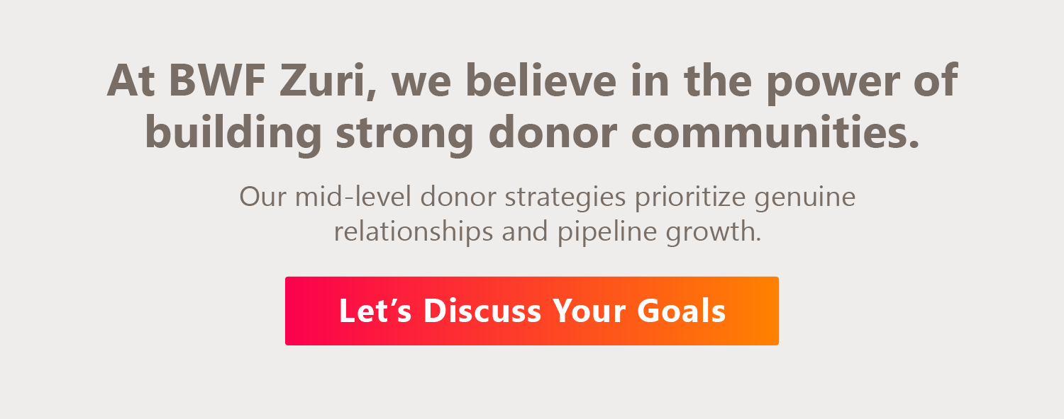 At BWF Zuri, we believe in the power of building strong donor communities. Our mid-level donor strategies prioritize genuine relationships and pipeline growth. Let’s discuss your goals. 