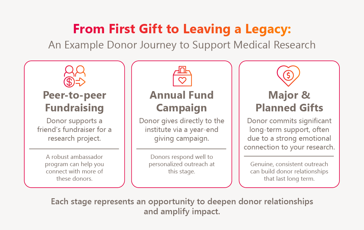 An example donor journey for medical research fundraising, where a donor moves from supporting a peer-to-peer fundraiser, to contributing annually, to becoming a major or planned donor