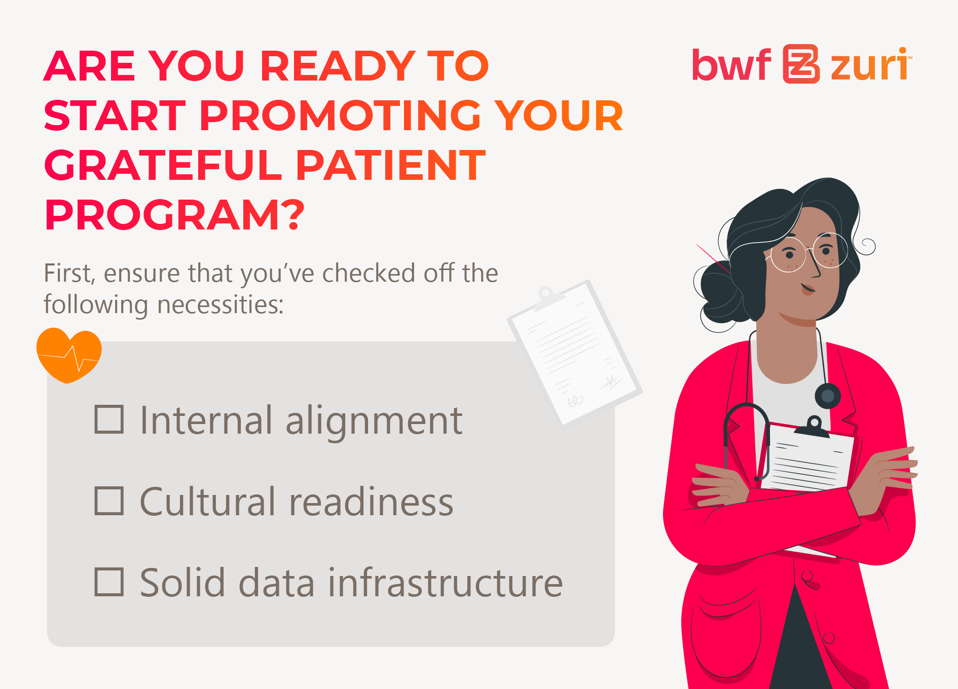 Checklist to help determine readiness for promoting a grateful patient program (explained below) 
